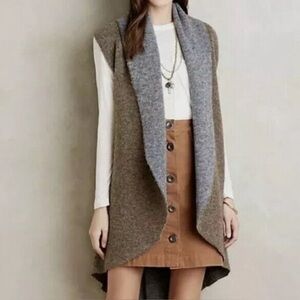 Anthropologie Moth long wool sweater vest with a draped, open-front design